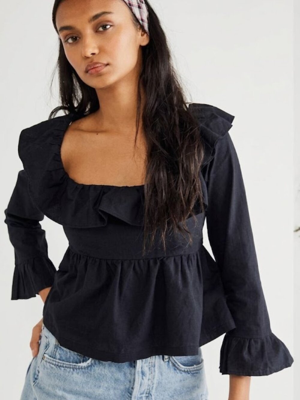 Free People Tulla Babydoll Open Back Long Sleeve Blouse - Black